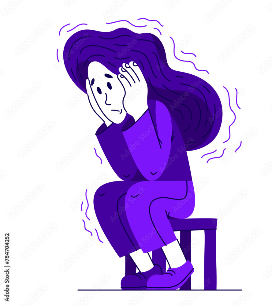 Young woman having a psychological problem of stress or anxiety, vector illustration of stressed girl having mental disorder or tired, headache flat style drawing. Young woman having a psychological problem of stress or anxiety, vector illustration of stressed girl having mental disorder or tired, headache flat style drawing.