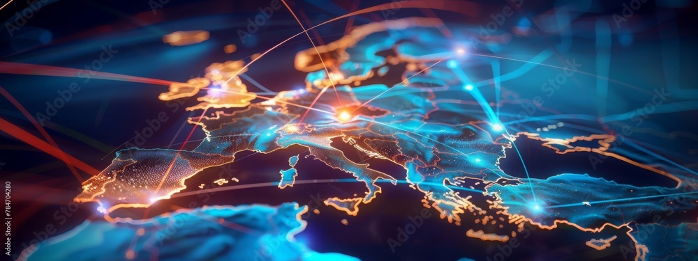 Abstract digital map of Western Europe, concept of European global network and connectivity, data transfer and cyber technology, information exchange and telecommunication Abstract digital map of Western Europe, concept of European global network and connectivity, data transfer and cyber technology, information exchange and telecommunication