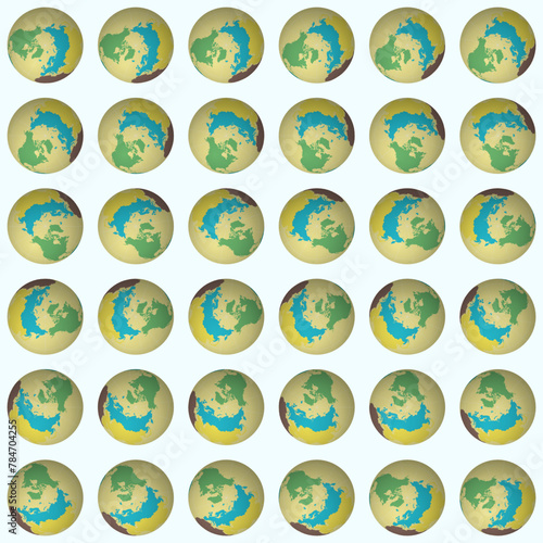 Collection of globes. North pole sphere view. Rotation step 10 degrees. Colored continents style. World map with graticule lines on light background. Emotional vector illustration.