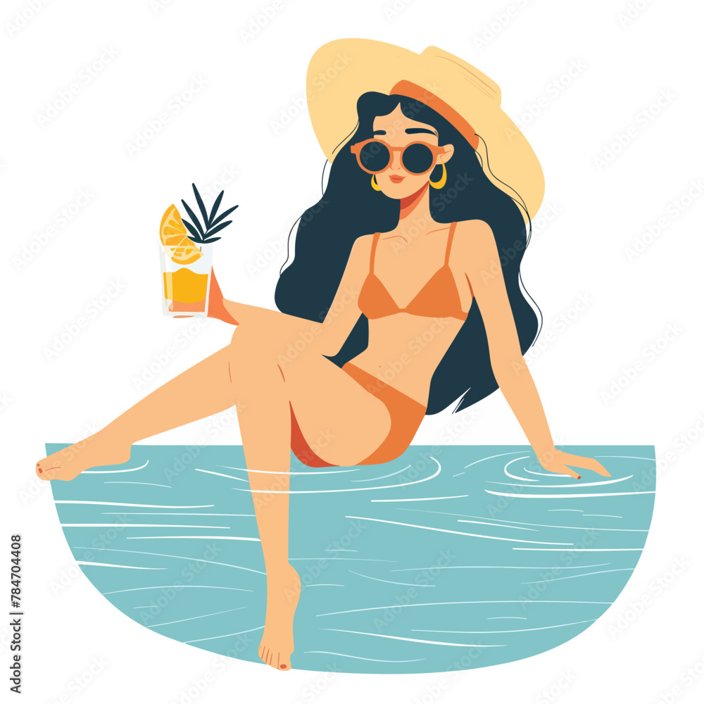Vector illustration of girl in swimsuit with cocktail on the beach.