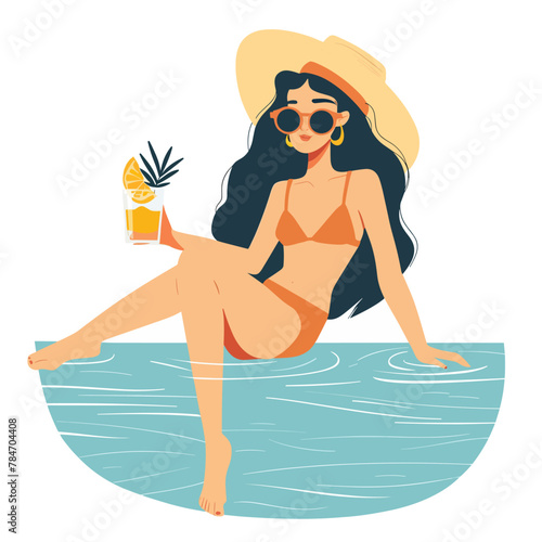 Vector illustration of girl in swimsuit with cocktail on the beach.