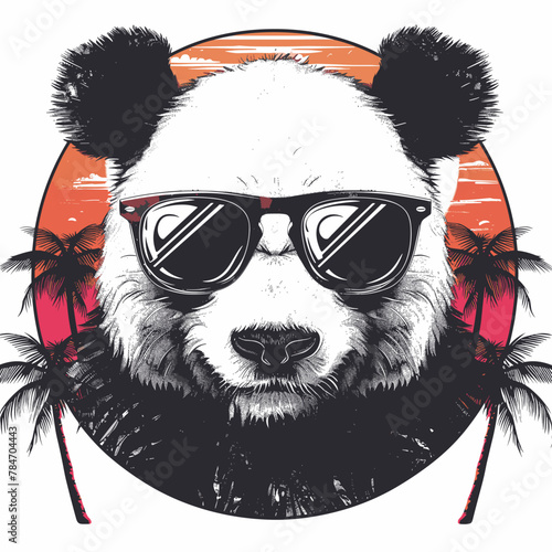 Vector illustration of panda with sunglasses on the background of palms.