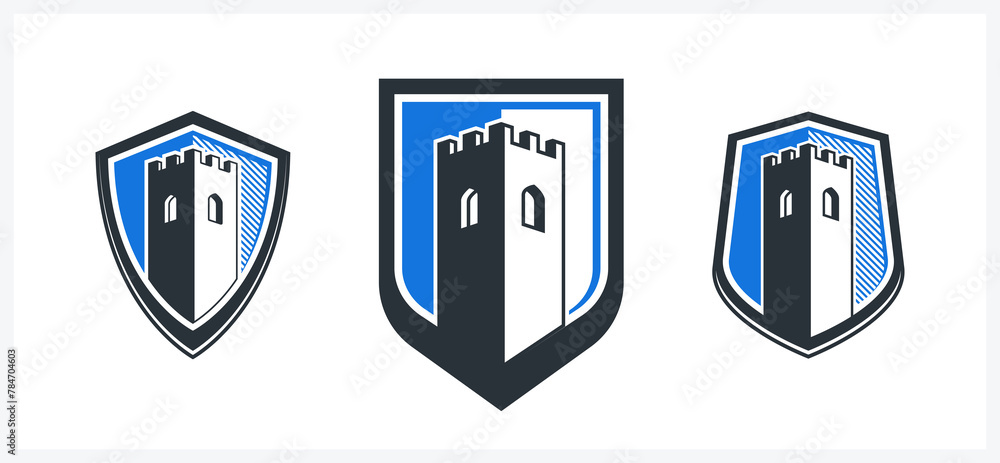 Shield with tower of defense fortress inside vector symbol, protection citadel concept logo. Shield with tower of defense fortress inside vector symbol, protection citadel concept logo.