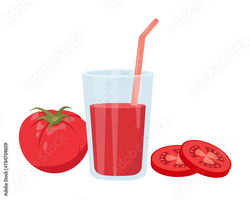 Fresh tomato juice in glass and tomatoes. Weight loss diet vitamin smoothie. Detox tomatoes vegetable cocktail for healthy dieting. Vector illustration isolated on white background.