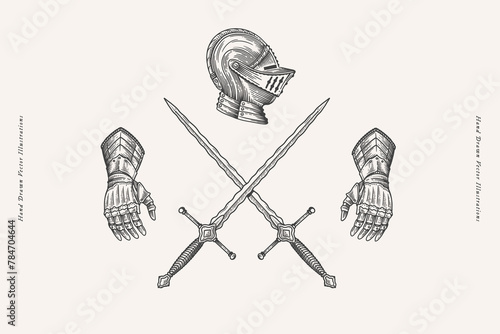 Two crossed swords, helmet and gauntlets of a knight in engraving style. Ancient armor and weapons of medieval warrior on light background. Vintage vector illustration.