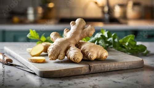A selection of fresh vegetable: ginger root, sitting on a chopping board against blurred kitchen background; copy space
