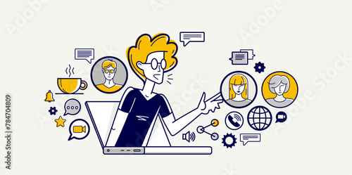 Online video chat of a young people doing their work and consulting remote about some project, online conference, webinar vector outline illustration.