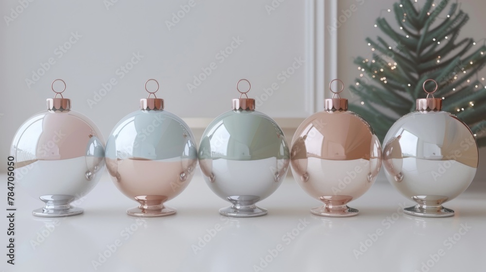 Christmas Bauble, Baubles on Solid tone Surface. A panoramic image showcasing baubles in vibrant colored tones reflecting a wintry setting placed on a solid surface, creating a cozy holiday scene Christmas Bauble, Baubles on Solid tone Surface. A panoramic image showcasing baubles in vibrant colored tones reflecting a wintry setting placed on a solid surface, creating a cozy holiday scene