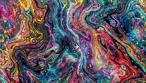 Captivating, psychedelic liquid-like swirls and patterns in a vibrant rainbow of colors, creating a dreamlike, otherworldly atmosphere that inspires awe, imagination, and a sense of transcendence.