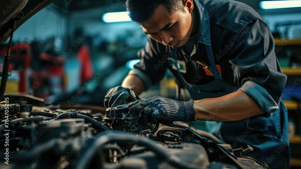The proficient auto repair master showcases precision and expertise as they diligently repair a car engine at the forefront of the auto service, ensuring top-quality automotive care. The proficient auto repair master showcases precision and expertise as they diligently repair a car engine at the forefront of the auto service, ensuring top-quality automotive care.