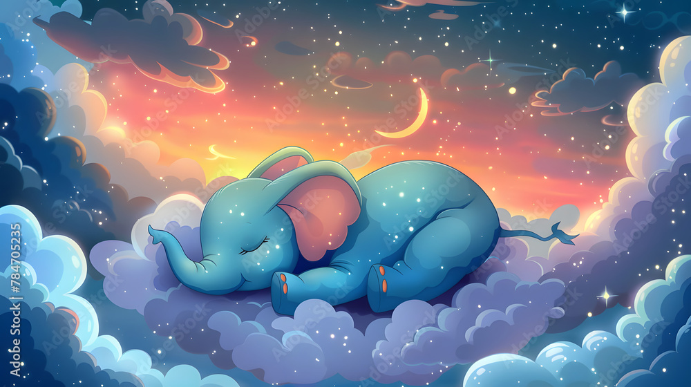 stail cartoon elephant sleeping in the clouds