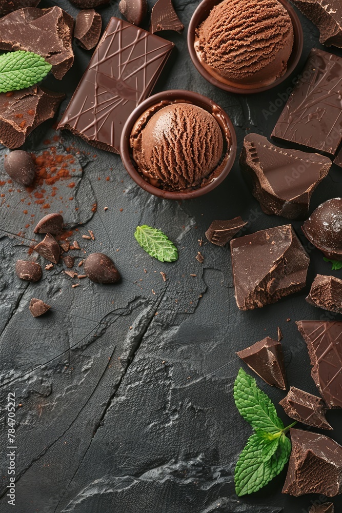 Chocolate ice cream with a touch of mint chocolate. on a stone background. generative ai Chocolate ice cream with a touch of mint chocolate. on a stone background. generative ai