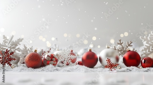 Christmas Bauble  Baubles on Solid tone Surface. A panoramic image showcasing baubles in vibrant colored tones reflecting a wintry setting placed on a solid surface  creating a cozy holiday scene