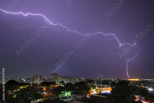 The night is lit by lightning in Goiania city. On April, 2024, Goiania, Brazil.