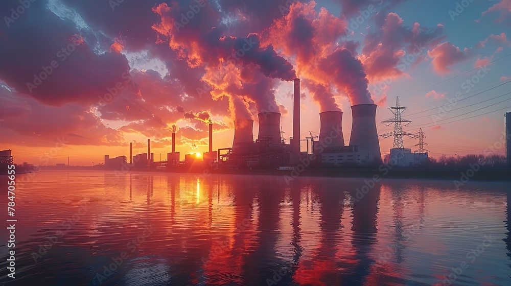 Nuclear power plant after sunset. Dusk landscape with big chimneys. Nuclear power plant after sunset. Dusk landscape with big chimneys.