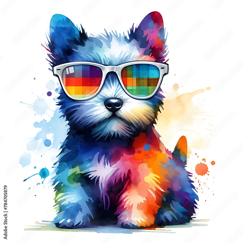 Cartoon Scottish Terrier Dog: Abstract Watercolor Painting with Colorful Details and Sunglasses, Perfect for T-shirt Prints or High-Quality Wall Art.