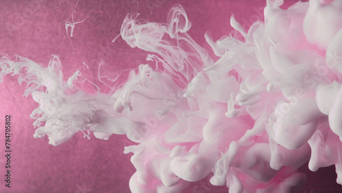 Smoke mix. Ink water flow. White splash silk texture vapor cloud motion on defocused pink color particles abstract art background.