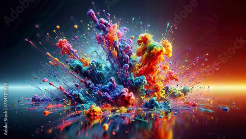 Vibrant, abstract explosion of color and movement, with dynamic swirls, splashes, and bursts of vivid hues creating a mesmerizing, otherworldly visual experience.