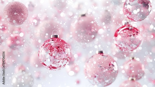 Christmas Bauble, Baubles on Solid tone Surface. A panoramic image showcasing baubles in vibrant colored tones reflecting a wintry setting placed on a solid surface, creating a cozy holiday scene