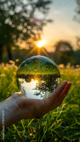 
Holding transparent glass ball with hand, reflecting nature inside, in earth concept, renewable energy concept, environment concept, and green and clean energy concept. photo