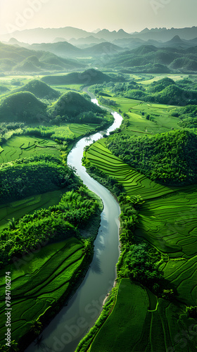  Completely green landscape with rivers, in the concept of the earth, the concept of renewable energy, the concept of the environment, and the concept of green and clean energy.