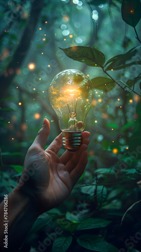 Light bulb floating in the air, surrounded by leaves in ecological concept, environment and sustainability concept and green energy photo