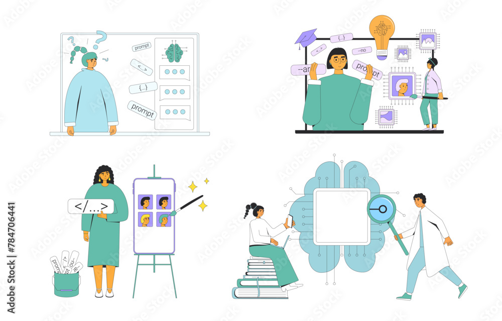 Artificial general intelligence research and prompt engineering set. AGI engineer and coder neuron network collection. Crafting instructions to generate content. Vector illustration