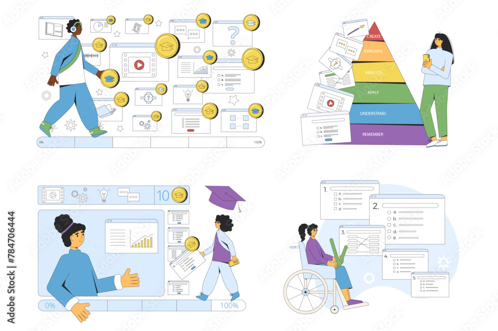 Online education concepts set. Gamification learning with multimedia. Teaching inclusion. Vector flat outline illustration collection isolated.