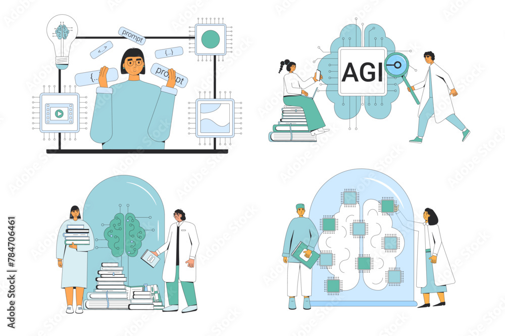 Artificial general intelligence research and prompt engineering set. AI engineer and coder neuron network and technology mind collection. Computer science. Vector illustration.