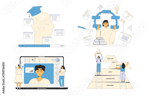 Online education concepts set. Teaching strategy and method learning multimedia. Vector flat outline illustration collection isolated on white background.