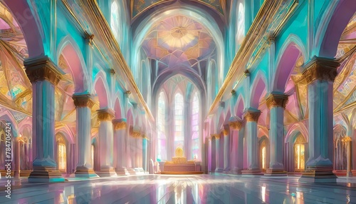 Bright, light-filled interior of a neoclassical cathedral in shades of white and gold. High Key Recording, Low Poly, Digital Art AI Generated photo