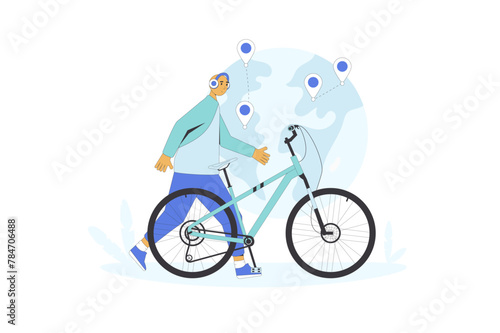 Young man and his bike under navigation emblem background. World bicycle day concept. Sport and healthy life. Vector illustration.