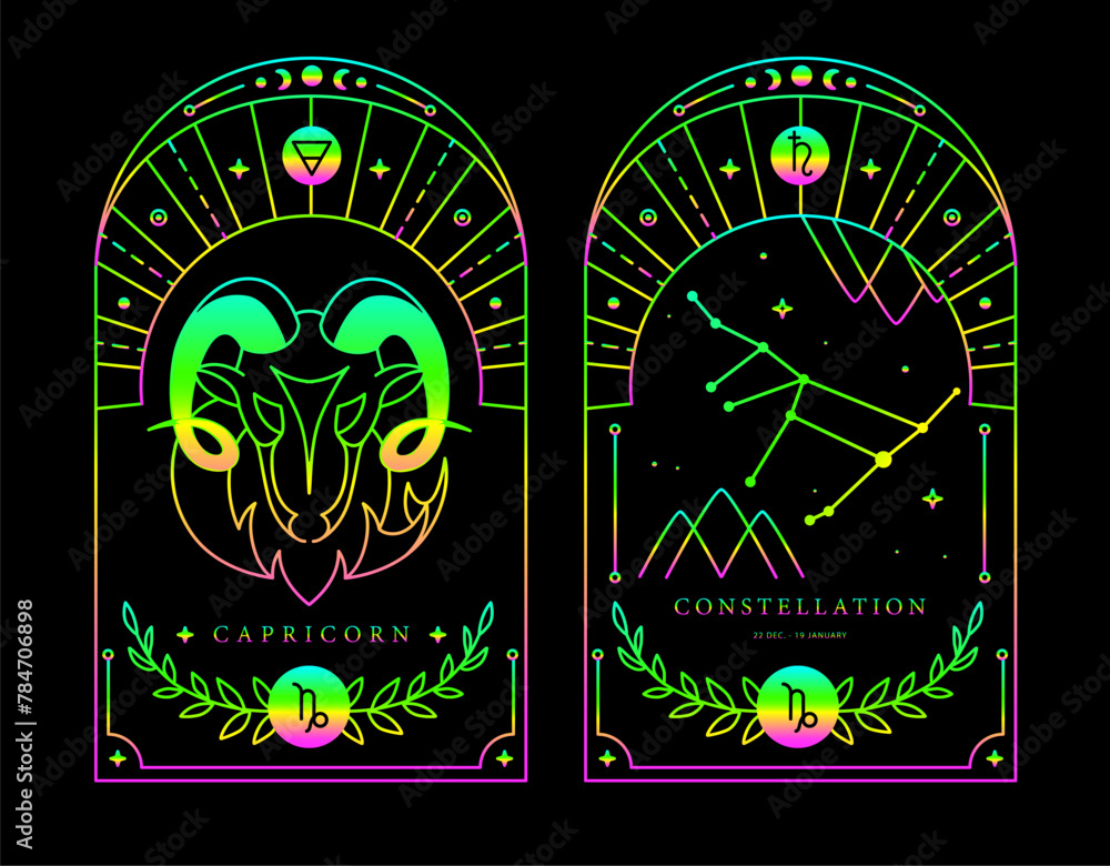 Set of Modern magic fluorescent witchcraft cards with astrology Capricorn zodiac sign characteristic. Vector illustration Set of Modern magic fluorescent witchcraft cards with astrology Capricorn zodiac sign characteristic. Vector illustration