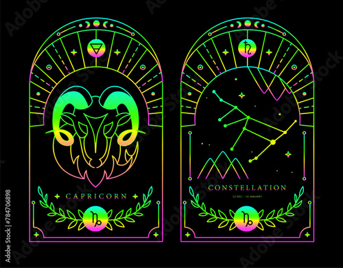 Set of Modern magic fluorescent witchcraft cards with astrology Capricorn zodiac sign characteristic. Vector illustration