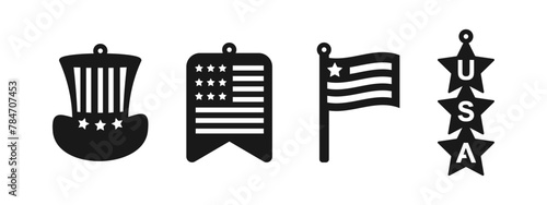 Set of 4th of July patriotic earrings, pendant or keychain design. Jewelry silhouette cut template. Laser cutting with leather, wood or metal. Vector illustration file