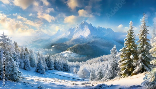 1:8, a tropical Snow covered mountain with hoarfrost covered cedar and sprice trees and a snow covered clearing that was a battlefield, fantasy digital art, octane render, beautiful composition, AI Ge