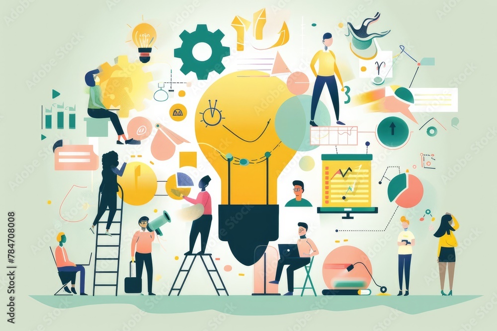 Visual representation of creative people brainstorming and meeting for schedule planning or team strategy at the office. This artwork highlights teamwork and creative thinking. Visual representation of creative people brainstorming and meeting for schedule planning or team strategy at the office. This artwork highlights teamwork and creative thinking.