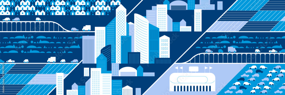 Cityscape panorama. Megapolis city view. Smart city. Urban landscape with many building. Collection of houses, skyscrapers, buildings, supermarkets with streets and traffic. Vector illustration