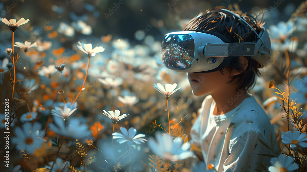 Through his VR headset, a boy explores a surreal realm where flowers bloom in patterns akin to celestial constellations Through his VR headset, a boy explores a surreal realm where flowers bloom in patterns akin to celestial constellations