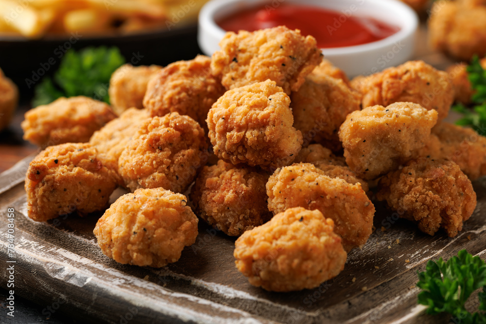 Crispy Popcorn Chicken with ketchup sauce on wooden board Crispy Popcorn Chicken with ketchup sauce on wooden board