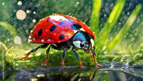Realistic representation ladybug amidst nature, airbrush technique, alcohol droplets, dynamic, lifelike, atmospheric. AI Generated