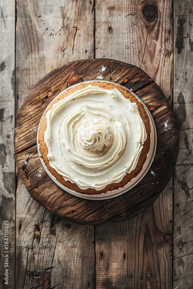 Cream cake with cream. On a wooden background. place for text. View from above. generative ai Cream cake with cream. On a wooden background. place for text. View from above. generative ai