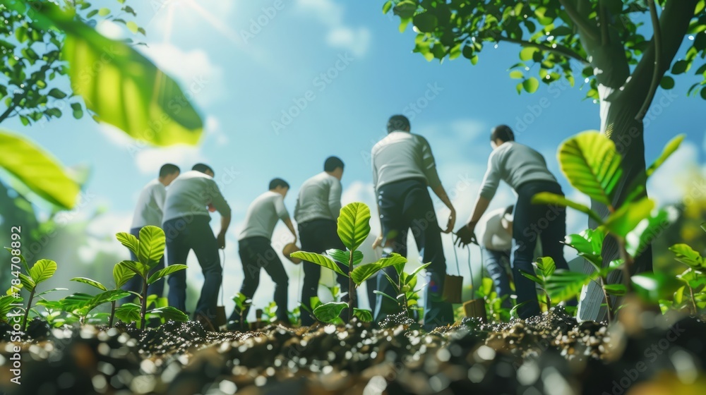 Businessmen and community together planting trees for sustainable development goals. company or businesses and corporations that care about the environment and ecosystem in greenery company. Ai - obrazy, fototapety, plakaty 