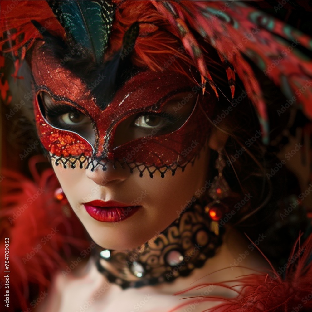 A glamorous woman wearing a red masquerade mask and feathers exudes confidence and elegance, her red lips and intense gaze captivating the viewer A glamorous woman wearing a red masquerade mask and feathers exudes confidence and elegance, her red lips and intense gaze captivating the viewer