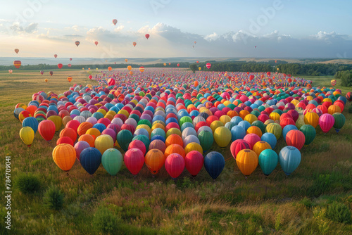 A breathtaking aerial view of a vast field filled with colorful balloons