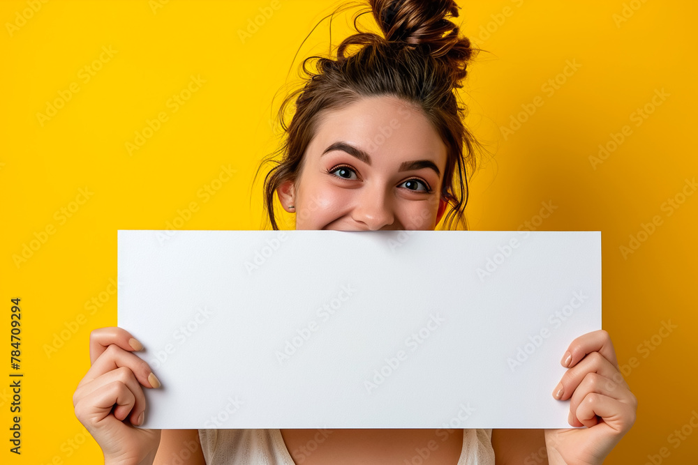 A woman with a white sign and a big smile on a yellow background A woman with a white sign and a big smile on a yellow background
