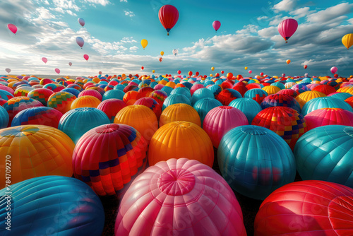 A breathtaking aerial view of a vast field filled with colorful balloons