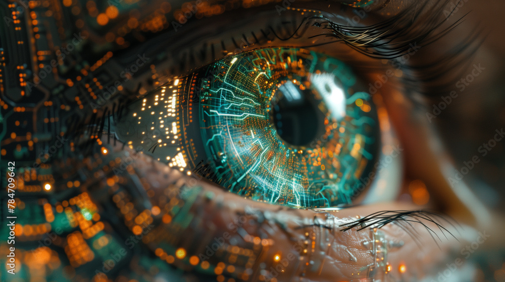 Detailed to the last wire, a bionic eye's circuitry pulses with the heartbeat of digital surveillance