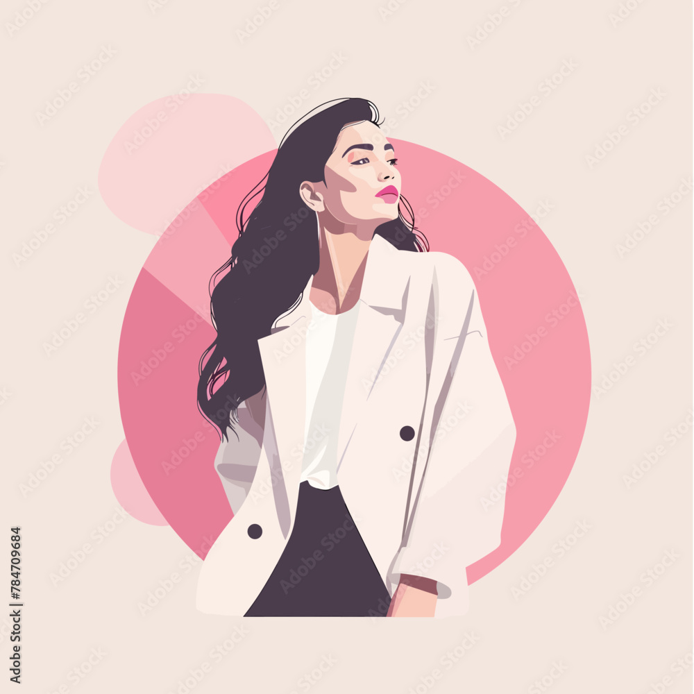 A woman in a white jacket and black pants is standing in front of a pink circle. She is wearing a white shirt and a black skirt A woman in a white jacket and black pants is standing in front of a pink circle. She is wearing a white shirt and a black skirt