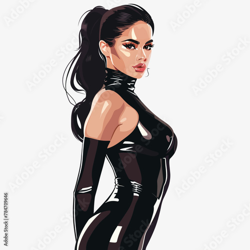 A woman in a black dress with a black glove on her left hand. She is standing in front of a white background